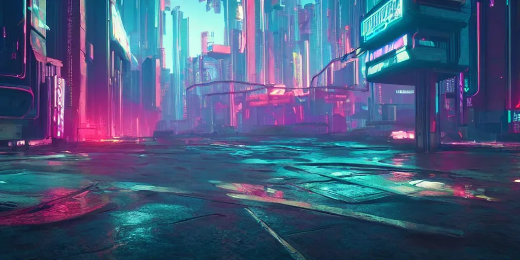 Prompt: A scene from Cyberpunk 2049 rendered by Beeple synthwave style environment concept digital art unreal engine WLOP trending on artstation