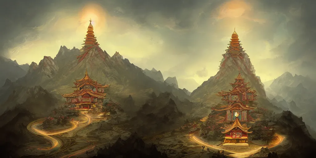 Image similar to “Dzogchen Mountain Temple, by Peter Mohrbacher”