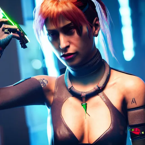 Prompt: female V from Cyberpunk 2077 wearing spiked choker, 4K