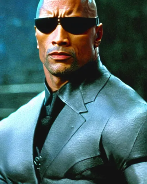 Prompt: film still close up shot of dwayne johnson as morpheus from the movie the matrix. photographic, photography