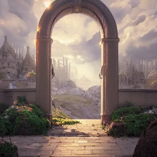 Image similar to A beautiful hyper realistic detailed matte 3D painting of the gates of heaven by Mike Winkelmann, István Sándorfi, Piotr Fox Wysocki, unreal engine, octane render, super wide angle, featured on behance, Trending on artstation, good focus, pinterest.