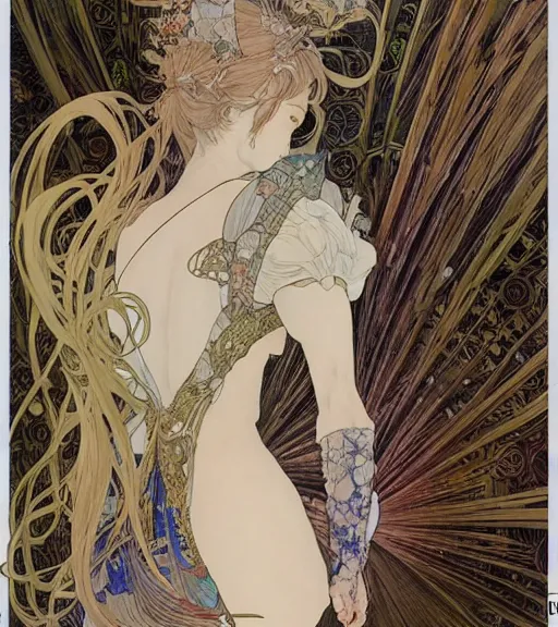 Prompt: yoshitaka amano painting of an anime woman, intricate line drawings, pen and ink, alphonse mucha, claire wendling, kentaro miura