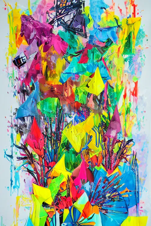 Prompt: acrylic painting, paint drips, acrylic, wildstyle, clear shapes, maximalism, smeared flowers, origami cranes, oil pastel gestural lines, large triangular shapes