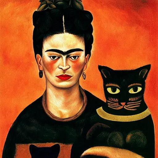 Image similar to a woman and a cat by a fire by frida kahlo