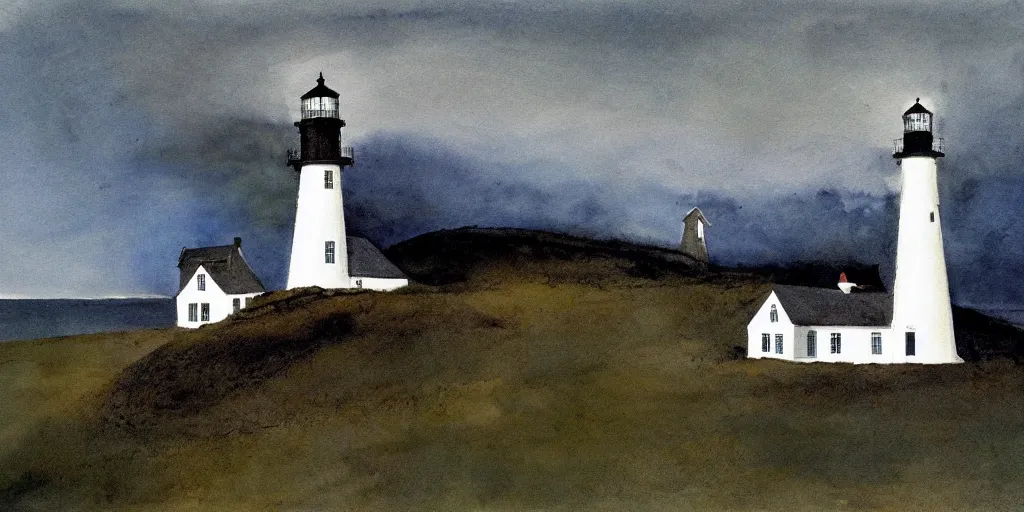 Image similar to a painting by Andrew Wyeth, lighthouse and house in front of the sea, artstation