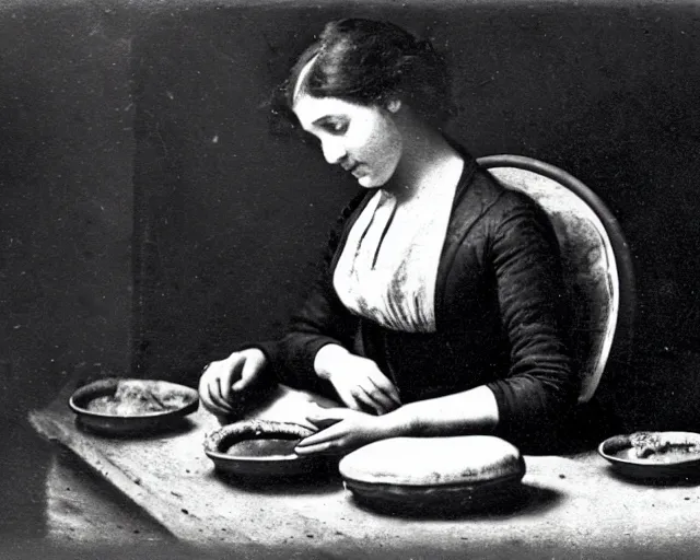 Image similar to an early 1800s photo of someone sitting at a computer making a donut in blender