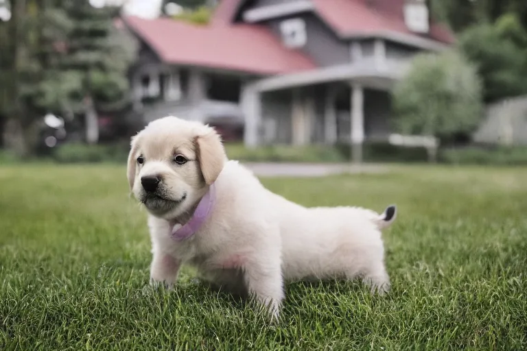 Prompt: out of focus photograph of a puppy in the front yard, cars can be seen traveling across the road, long exposure time, amateur photography, bad composition, bad color grading