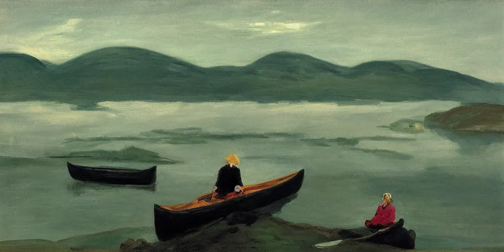 Image similar to “ a woman sitting in canoe on the hudson river, mountains in fog background, green colors, highly detailed, oil painting, by george bellows ”