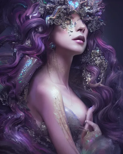 Image similar to beauteous sumptuous dark empress with incredible iridescent pearlescent voluminous hair, photorealistic crystalline masterpiece incrustations, hyperdetailed kind face, elegant pose, movie still, cinematic forest lighting, intricate accuracy, octane render, cgsociety, artgerm, unreal engine, crepuscular rays, god rays