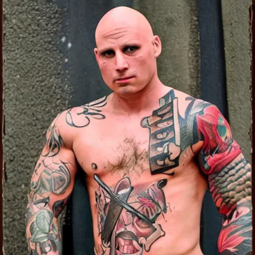 Image similar to muscular bald man, tattooed body, sword in hands, HD, anime,