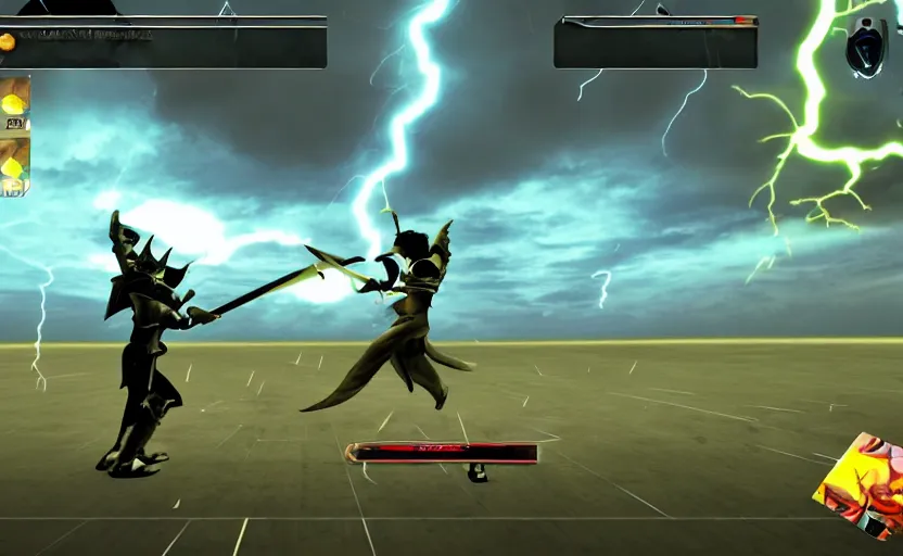 Prompt: sword duel between rance and abdin at salisbury plains during thunderstorm, ingame screenshot