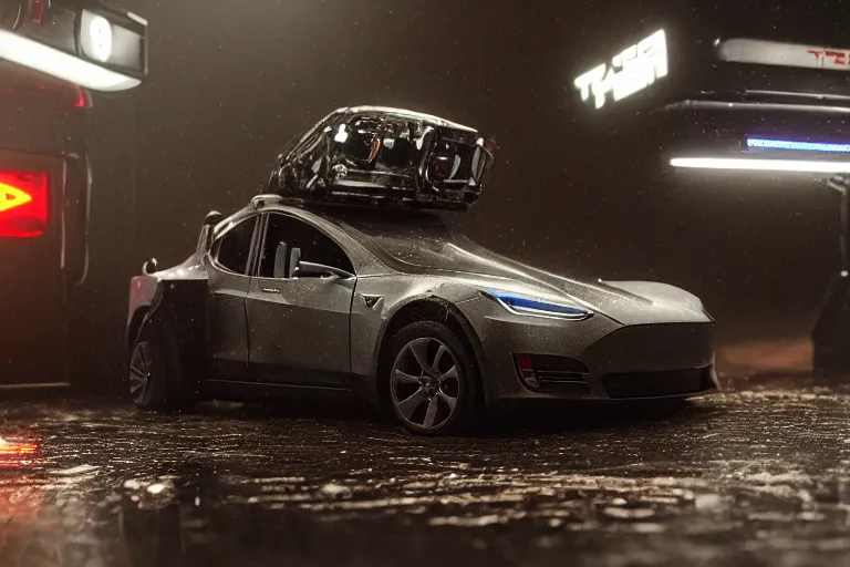 Image similar to a 2 8 mm closeup photo of a tesla cybertruck a on wet floor of a photo studio, intricate, hyper detailed, smooth, high contrast, volumetric lighting, octane, moebius, greg rutkowski, blade runner, ripley scott, synthwave, cinematic