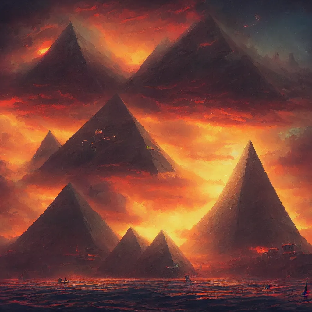 Prompt: A beautiful painting of A dark Pyramid at Sea In style of Paul Lehr and Greg Rutkowski.highly realistic,hyper detailed,4k,digital art,Retro Futurism Art