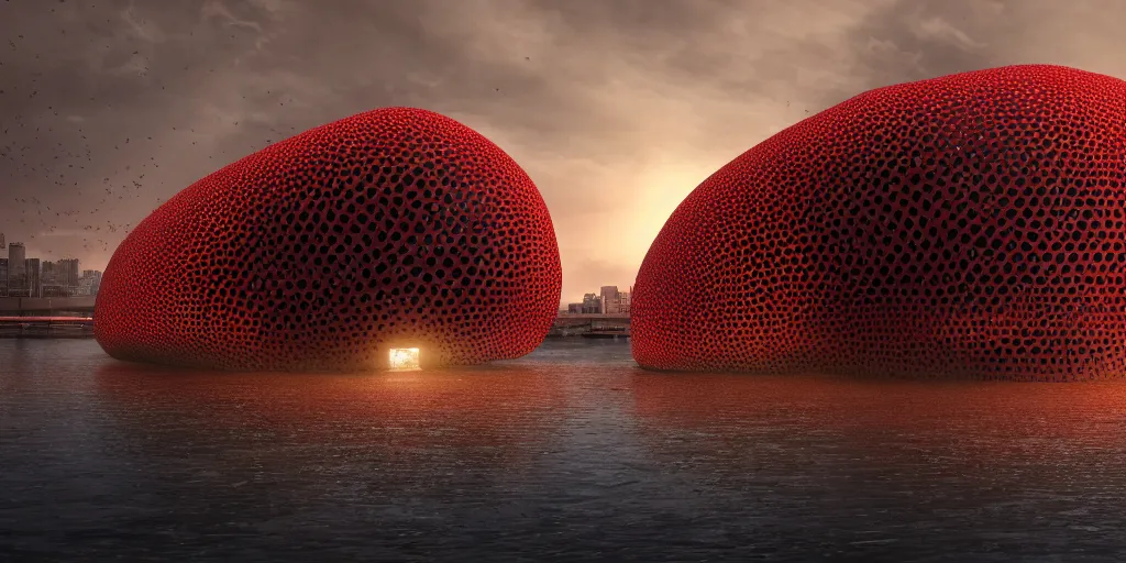 Image similar to An epic architectural rendering of a blob shaped trypophobia house with a mysterious red glow emitting from inside in a modern cityscape next to a river, stunning, gorgeous, golden ratio, photorealistic, featured on artstation, 4k resolution