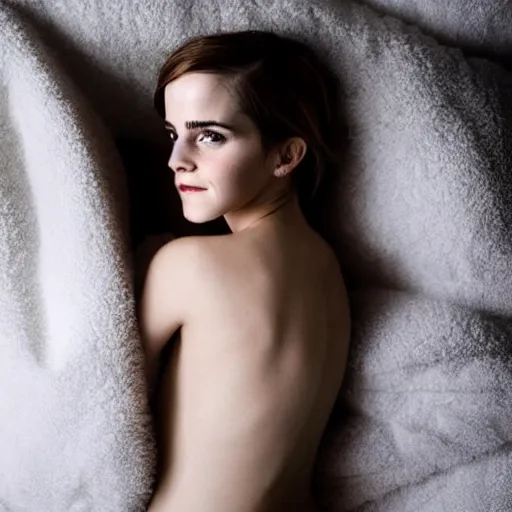 Image similar to emma watson waiting for you in bed at night, smiling shyly, very sleepy, bare shoulders, covered in big fluffy white blanket, dim lighting