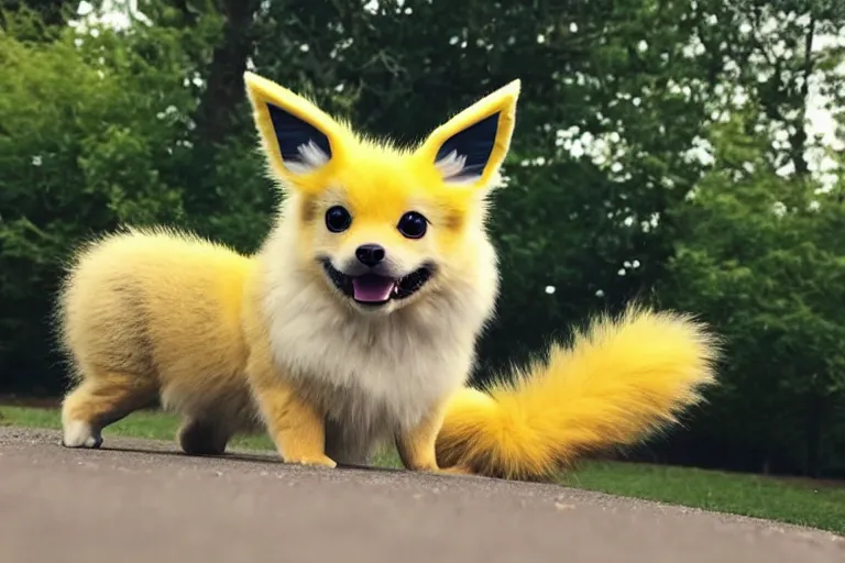 Image similar to real life jolteon pokemon, cute!!!, heroic!!!, adorable!!!, playful!!!, fluffly!!!, happy!!!, cheeky!!!, mischievous!!!, ultra realistic!!!, autumn, clear weather, ( golden hour ), sharp focus