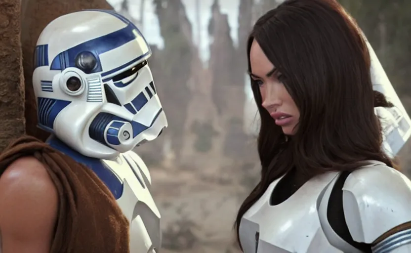 Prompt: Still of Megan Fox, with R2-D2, being briefed on the clone wars by a brunette clone trooper. Star Wars Universe, Cinematic Lighting, beautiful composition, beautiful face, beautiful eyes, 8K resolution