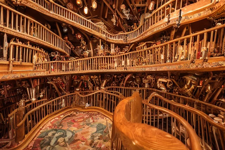 Prompt: the interior of the organ room at house on the rock in wisconsin is full of curved elevated walkways, interwoven catwalks, spiral ramps, and twisted staircases that are surrounded by cluttered arrangements of parts of pipe organs, clock gears, and engine components.