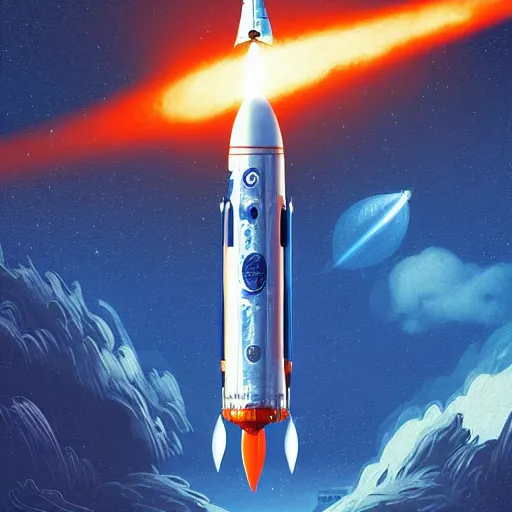 Image similar to Blue V2 rocket in space, tin tin, planet in the style of orange company, intricate, SCI-Fi, movie poster, high detail, digital art by raphael lacoste