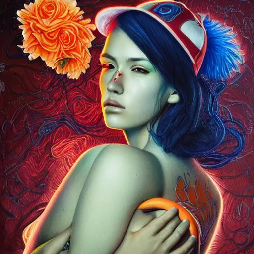 Image similar to beautiful portrait of a cyberpunk female, neon orange baseball cap by Marco Mazzoni and Hannah Yata