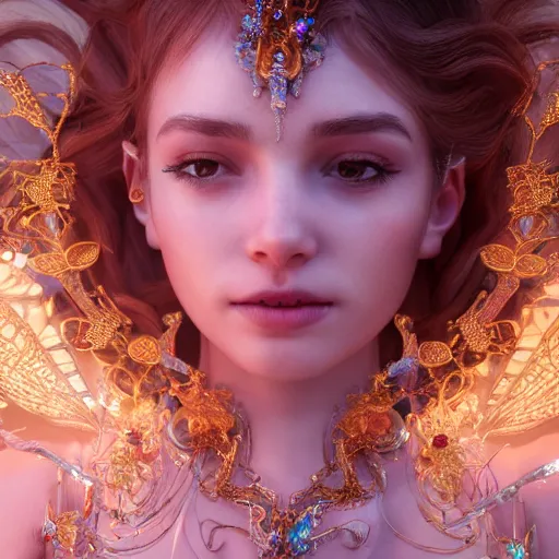 Image similar to portrait of fairy princess, glowing, ornate and intricate jewelry, jaw dropping beauty, glowing background lighting, white accent lighting, hyper detailed, fairy tale, 4 k octane render