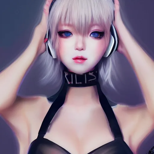 Image similar to realistic teasing detailed semirealism beautiful gorgeous cute Blackpink Lalisa Manoban white hair white cat ears blue eyes, wearing black camisole outfit, headphones, black leather choker full HD 4K high resolution quality WLOP, Aztodio, Taejune Kim, Guweiz, Pixiv, Instagram, Artstation