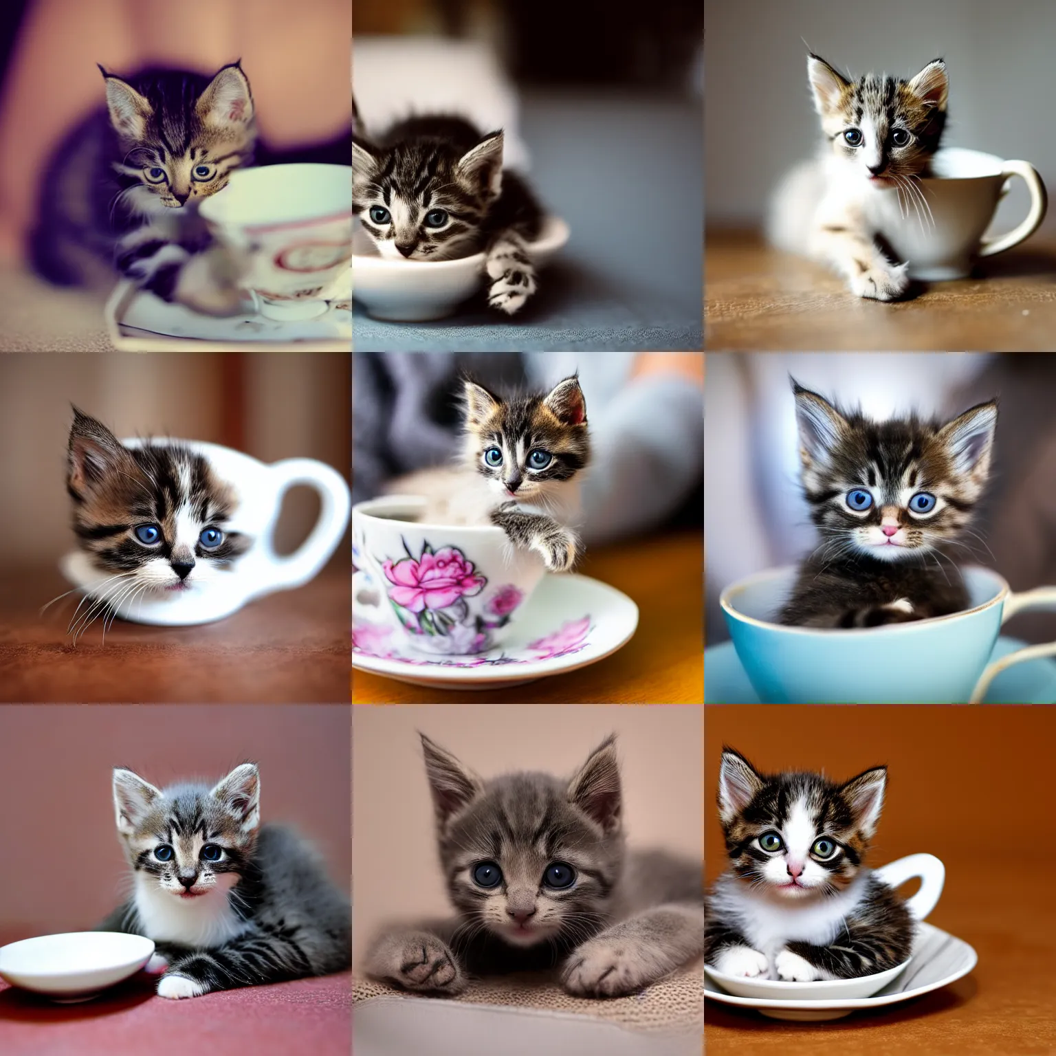 Prompt: photo of a kitten in a teacup