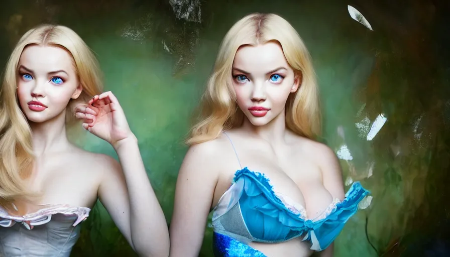 Prompt: beautiful portrait of a young woman with a gorgeous face and perfect body who is a perfect blend of kate upton and dove cameron dressed like disneys alice in wonderland and rolling hard on ecstasy, pupils dilated, euphoric and bewildered, through the looking glass, photography, high definition, 8 k resolution, retouched, glamour by bayard wu