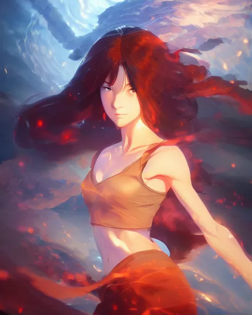 Image similar to the goddess of fire, spunk and intense beauty, full shot, atmospheric lighting, detailed face, by makoto shinkai, stanley artgerm lau, wlop, rossdraws