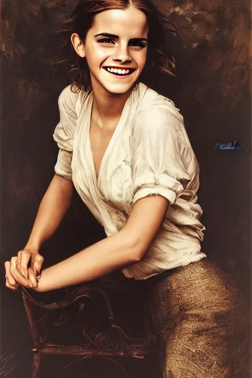 Prompt: emma watson smiling laughing gathered faille v - neck smiling detailed portrait painting by gaston bussiere craig mullins j. c. leyendecker photograph by richard avedon peter lindbergh annie leibovitz