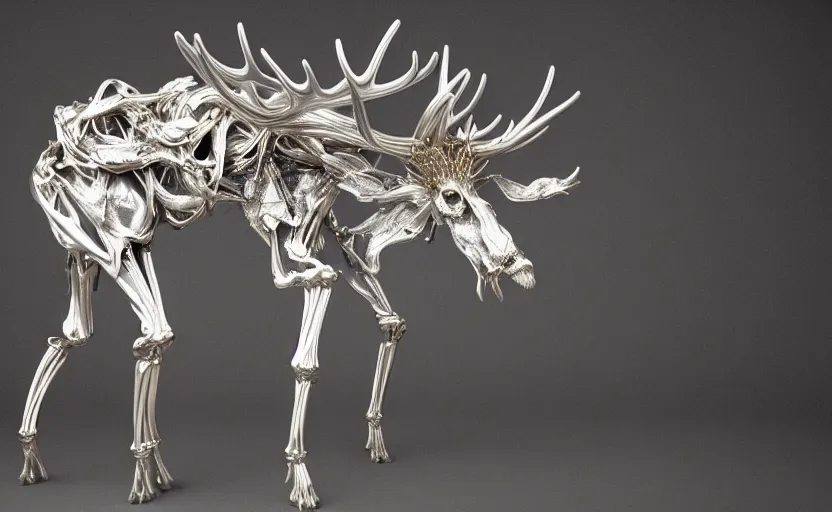 Image similar to stylized shiny polished silver statue full body extra limbs bizarre cosmic horror quadruped animal moose deer skull four legs made of marble of slug creature tendrils, perfect symmetrical body, perfect symmetrical face, hyper realistic, hyper detailed, by johannen voss, by michelangelo, octane render, blender, 8 k, displayed in pure white studio room austere