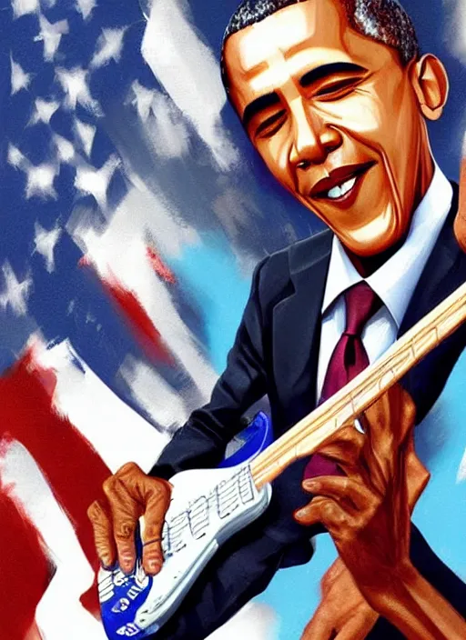 Prompt: Barack Obama shredding on an electric guitar in the style of Jason Edmiston