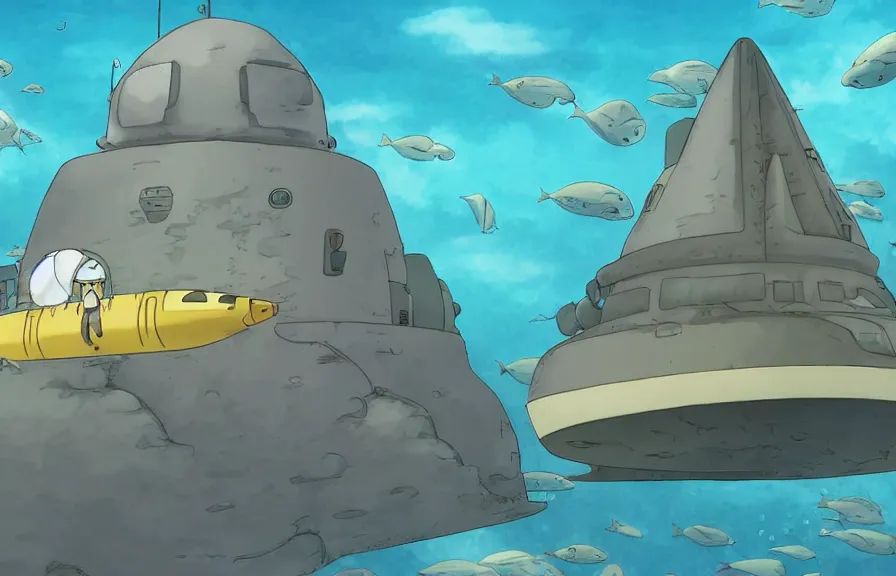 Image similar to a realistic studio ghibli cell shaded cartoon showing an underwater submarine. in the background is a white pyramid with a gold capstone underwater at the bottom of the sea. wide shot, very dull muted colors, hd, 4 k, hq