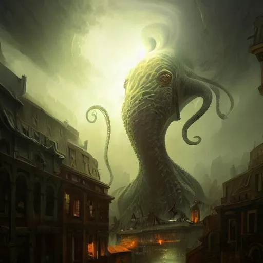 Image similar to gigantic cthulhu, size comparsion, small city, dramatic lighting, chiaroscuro, high detail, painted by greg rutkowski, painted by igor kieryluk, painted by bobby chiu, trending on artstation