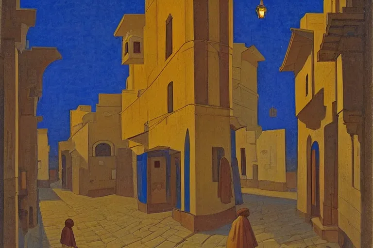 Image similar to winding street at midnight in a very old very beautiful city in saudi arabia by George Price Boyce and Nicholas Roerich and William Dyce, glowing paper lanterns, strong dramatic cinematic lighting , ornate tiled architecture, lost civilizations, smooth, sharp focus, extremely detailed