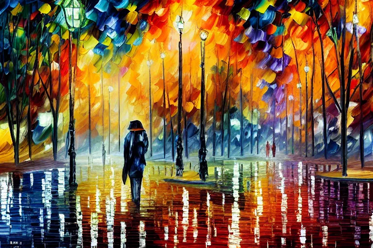 Image similar to a detailed painting of a park at night by leonid afremov and william de nuncques, rain puddles, a glitched dystopian city in the background, in foreground two plague doctors