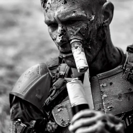 Prompt: Dying modern mercenary wearing grey body armor smoking a cigarette in the aftermath of a bloody battle, photo by Adam Ferguson in 2022, Pulitzer Winning, cinematic composition, breathtaking, modern, 2022