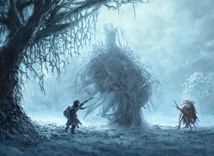 Image similar to a young guard hiding on a tree as another guard is slaughtered by a frost zombie beneath the tree, cinematic fantasy painting, dynamic, game of thrones, jessica rossier and brian froud and marc simonetti