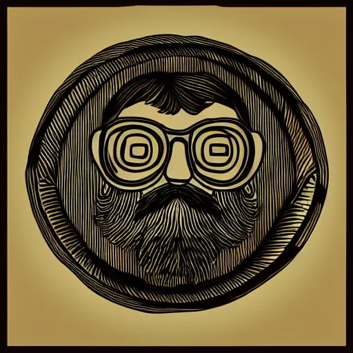 Prompt: bearded nerd turns bowl using woodlathe, vector art, monochromatic