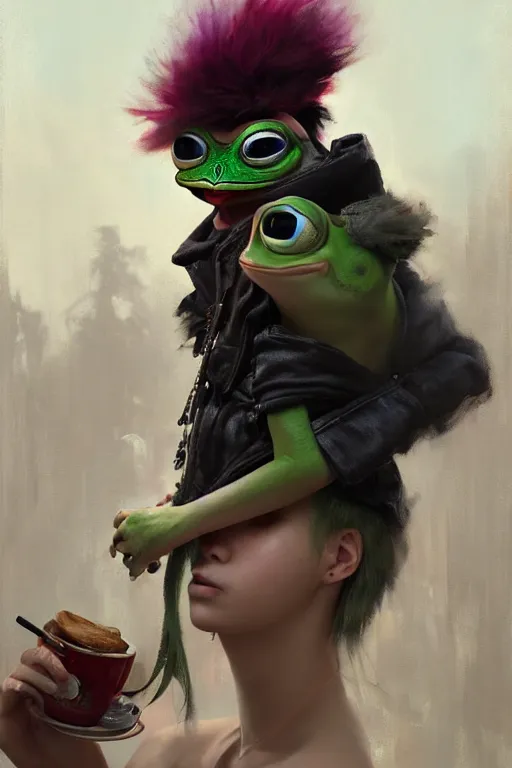 Prompt: portrait of a punk girl on a date with pepe! the frog! drinking coffee in the style of fenghua zhong and ruan jia and jeremy lipking and peter mohrbacher, extremely detailed digital painting, 8 k