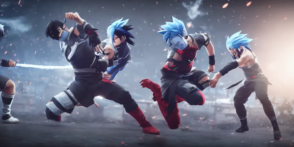 Prompt: kakashi with chidori and captain levi fighting in mortal kombat style, unreal 5, hyperrealistic, realistic, photorealistic, dynamic lighting, highly detailed, cinematic landscape, studio landscape, studio lighting