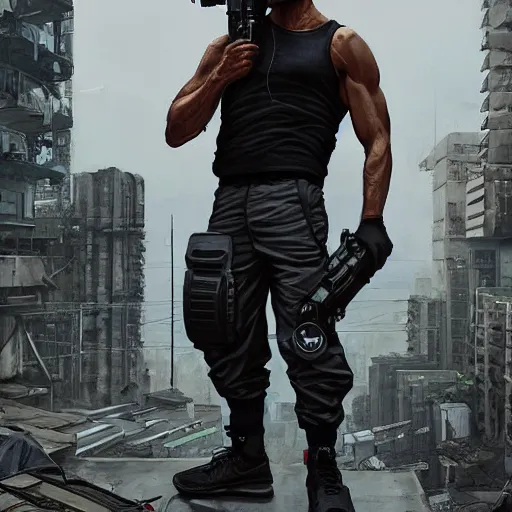 Image similar to A broad shouldered, muscular man wearing Acronym p-31 Ds pants and Sleeveless shirt and Nike Acronym presto sneakers, rooftop, sniper rifle stationed in background, Police sirens shining in far background, high quality, digital art, dirty cyberpunk city, rain, greg rutkowski