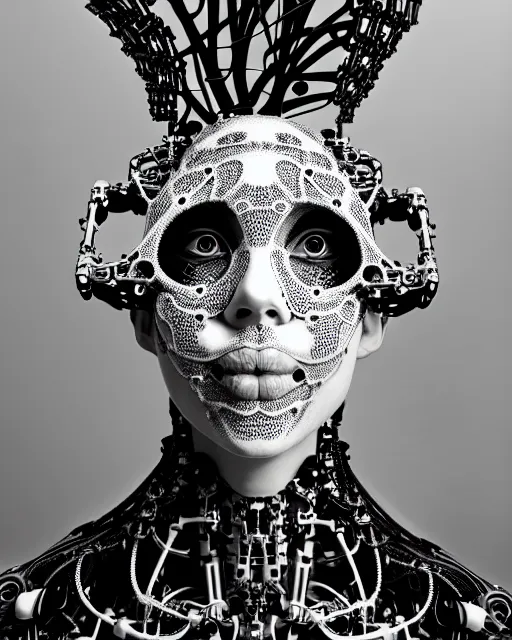 Prompt: black and white photo portrait of complex biomechanical young female cyborg with a mandelbrot fractal face, silver hair, 150 mm lens, soft rim light, fine foliage super big lace collar, Alexander McQueen, high fashion, haute couture, rococo, steampunk, silver filigree details, anatomical, facial muscles, cable wires, microchip, elegant, hyper realistic, octane render, unreal engine, by Man Ray and Dora Maar, volumetric lighting, 8k,