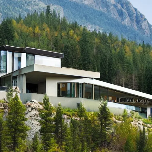 Image similar to modern mansion in forest and beautiful mountains in the background