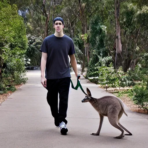 Image similar to Pete Davidson walking a kangaroo, 4k, photorealistic,