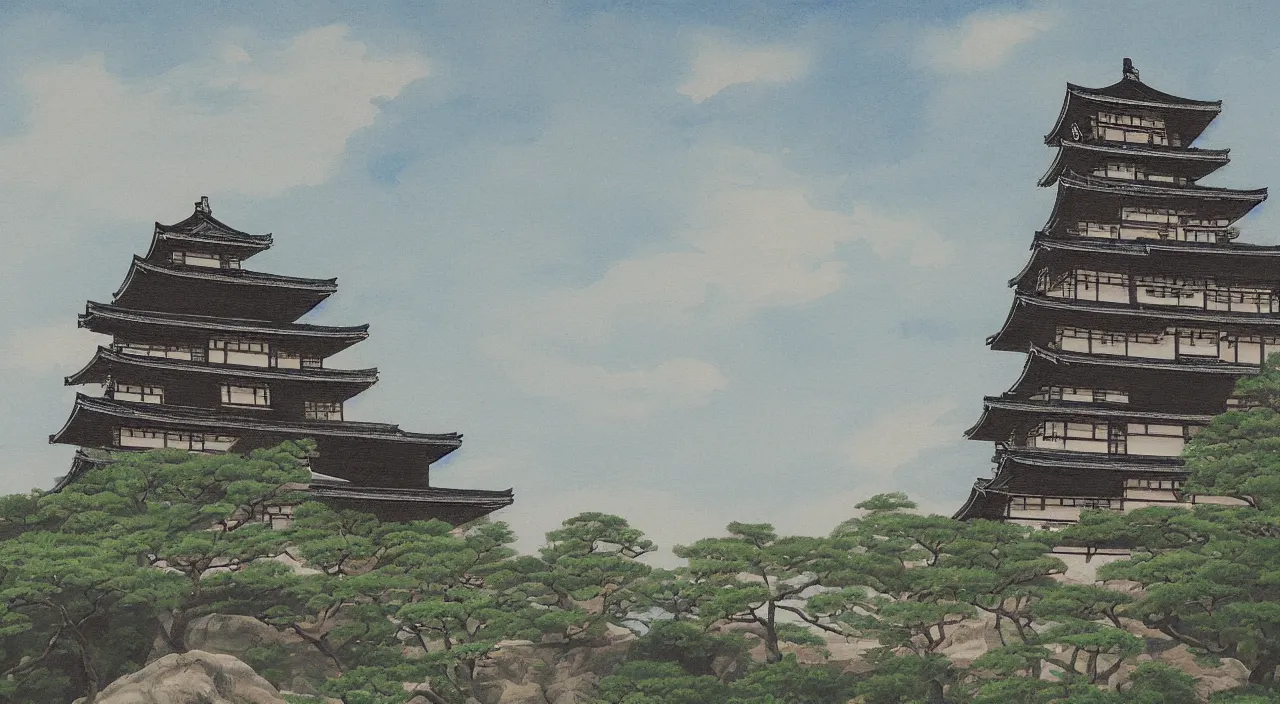 Image similar to a landscape painting of a Japanese castle