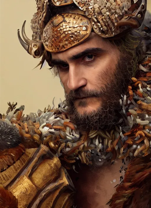 Prompt: digital painting of joaquin phoenix with an armor made of animals, cow horns, pig nose, sheep wool, chicken feather armor, majestic, by anna podedworna and miklos ligeti, diego maricato, taran fiddler, antonino truisi, chris reddie, jinsung lim, trending on artstation