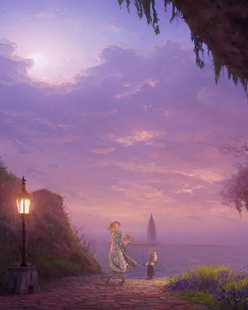 Prompt: over the shoulder landscape painting of violet evergarden, behind her is a distant old european city lights next to the reflecting ocean, nighttime, by Philipp A. Urlich and Pengzhen Zhang and Andreas Rocha, fantasy, intricate, elegant, highly detailed, digital painting, artstation, blender, unreal engine 5, octane render, smooth, sharp focus, illustration