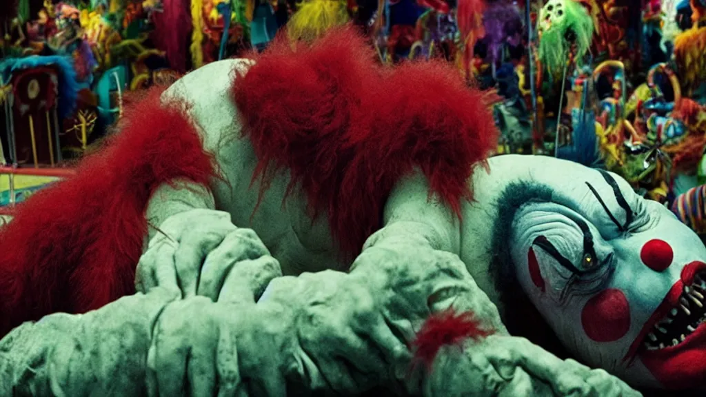 Image similar to the clown monster at the fair, they scare me, film still from the movie directed by denis villeneuve and david cronenberg with art direction by salvador dali and dr. seuss