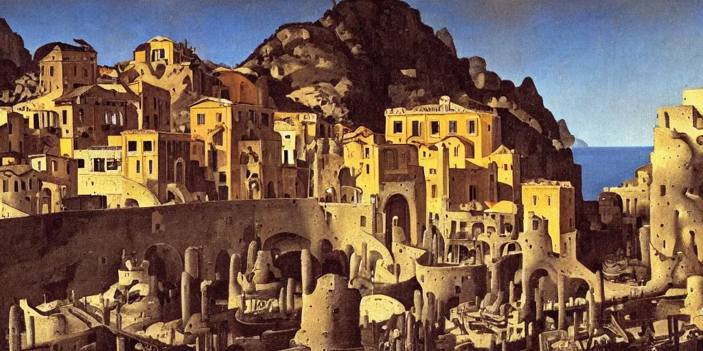 Prompt: a painting of ancient roman village in amalfi coast hill by yves tanguy and vermeer and botticelli, dramatic lighting, analogous complementary colour scheme, vivid colours